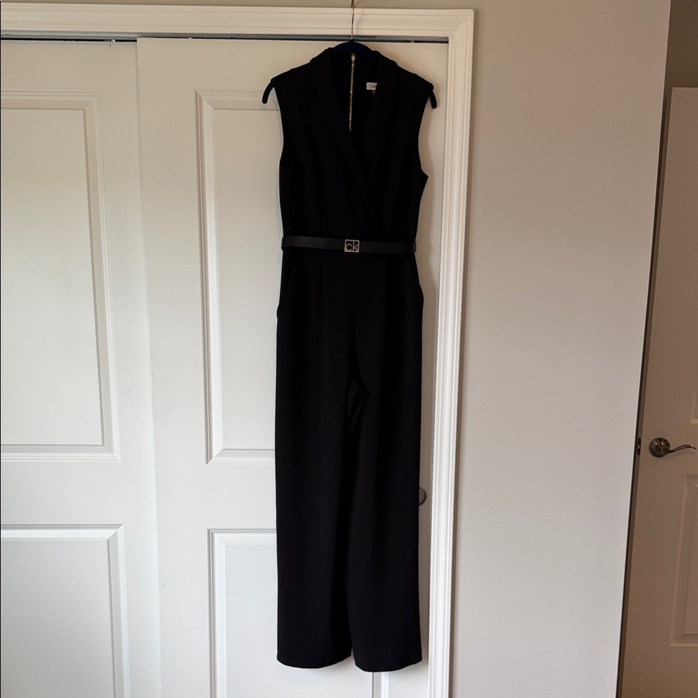 Calvin Klein Black Sleeveless V-Neck Belted Jumpsuit - 8